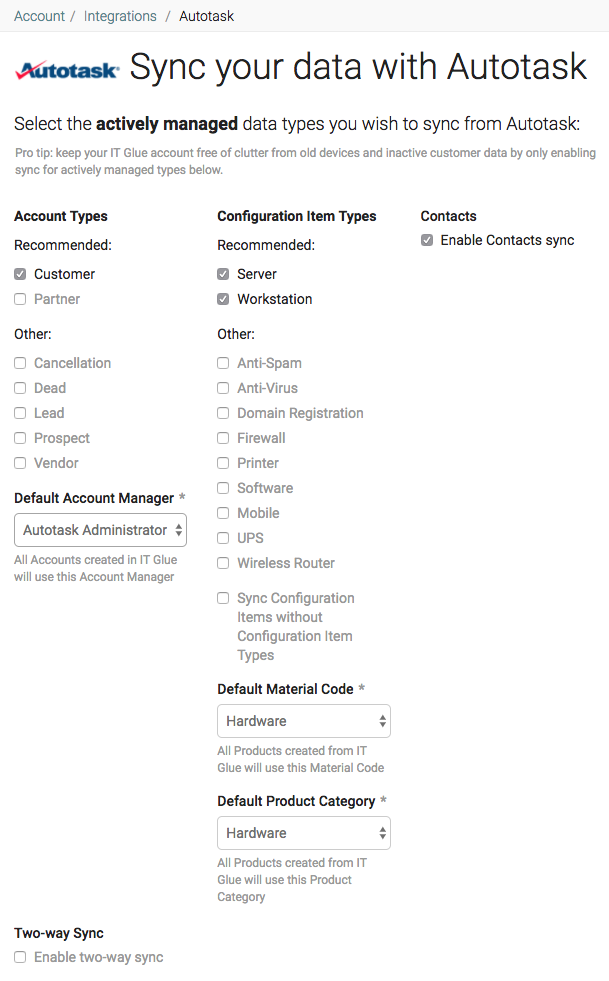 Configuration d'Autotask dans IT Glue