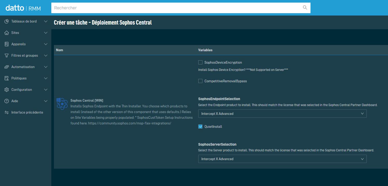 Intégration Datto RMM Sophos Central