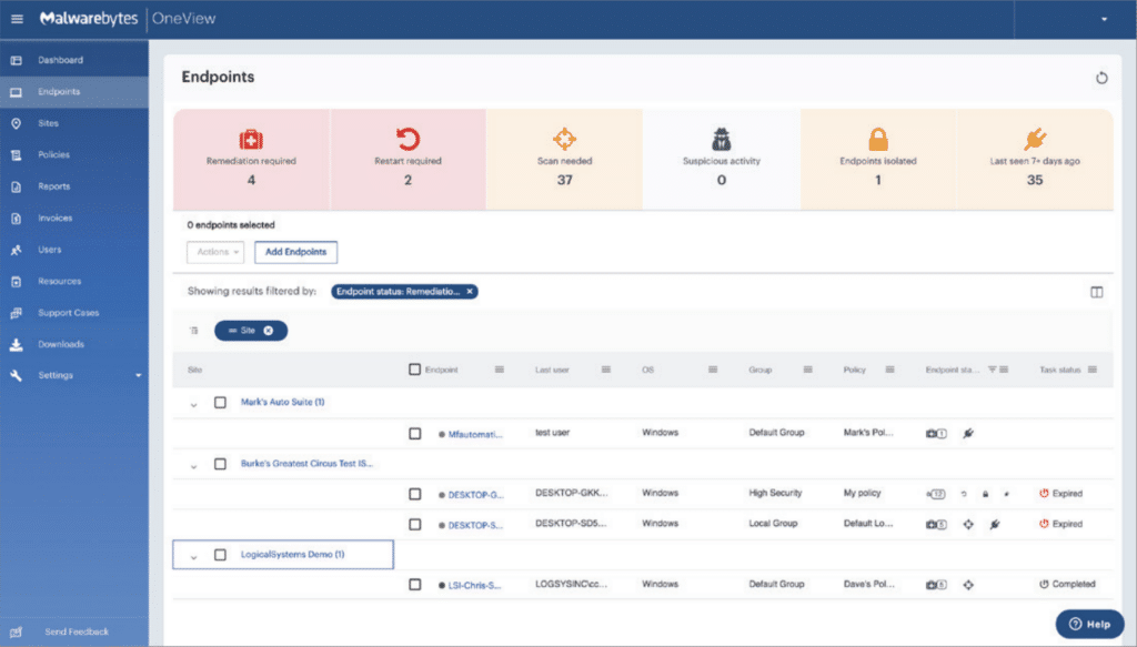 Portail Oneview des gestion EDR Malwarebytes MSP